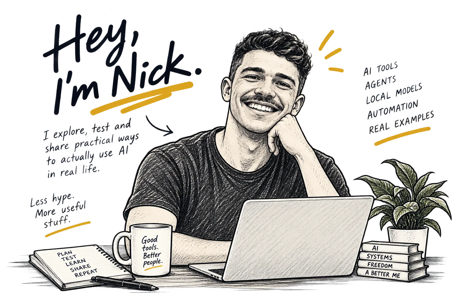 Hand-drawn sketch of Nick at a desk with a laptop, a notebook reading plan, test, learn, share, repeat, and a stack of books labelled AI, systems, freedom